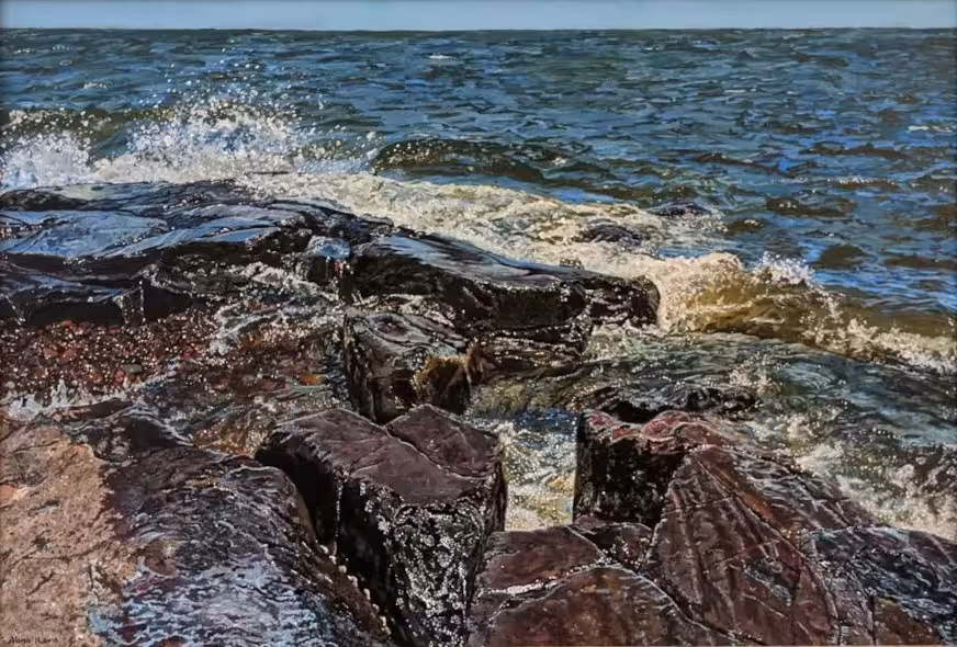 painting of a rocky shore, waves crashing